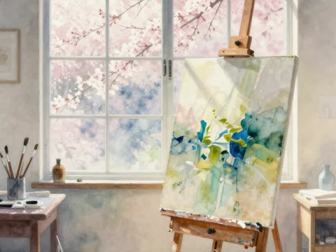 Sunlit Art Studio with Cherry Blossoms Outside