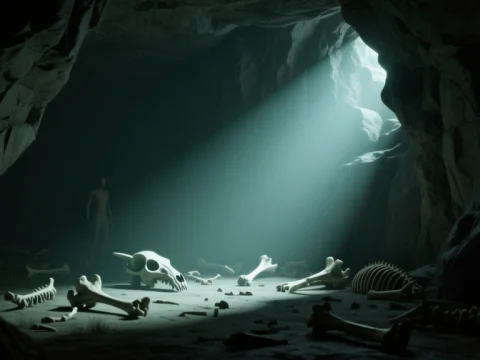 Sunlit Cave with Scattered Bones and Human Figure