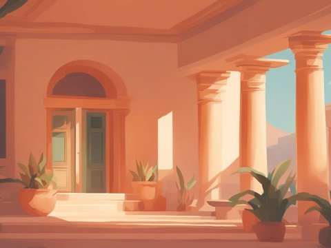 Sunlit Classical Porch with Potted Plants