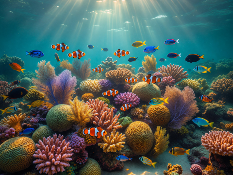 Sunlit Coral Reef with Colorful Tropical Fish