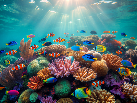 Sunlit Coral Reef with Colorful Tropical Fish
