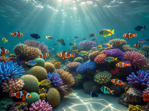 Sunlit Coral Reef with Colorful Tropical Fish