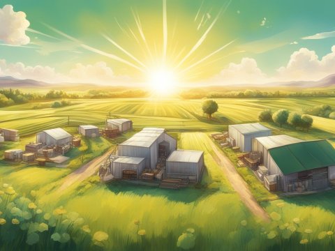 Sunlit Countryside Farm with Storage Sheds at Sunrise