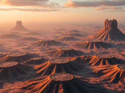 Sunlit Cratered Desert Landscape at Dusk