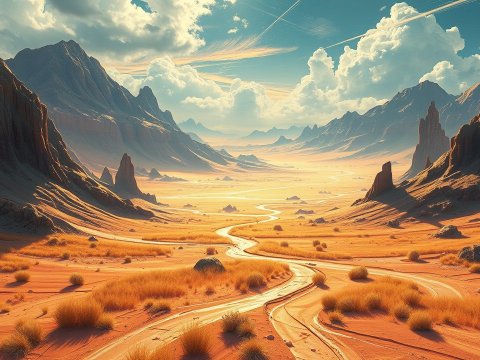 Sunlit Desert Valley with Winding River and Mountain Peaks