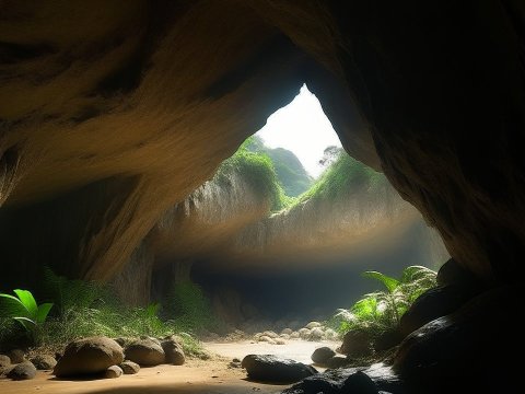 Sunlit Entrance of a Lush Cave