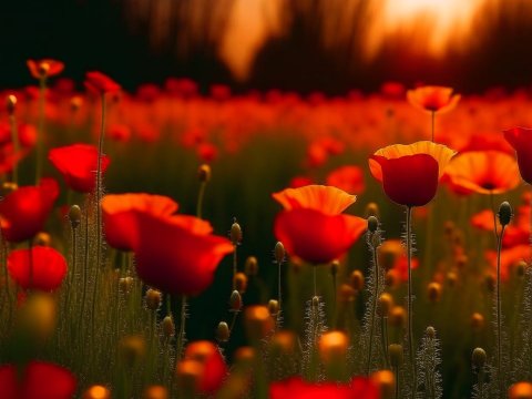 Sunlit Field of Vibrant Red Poppies at Sunset