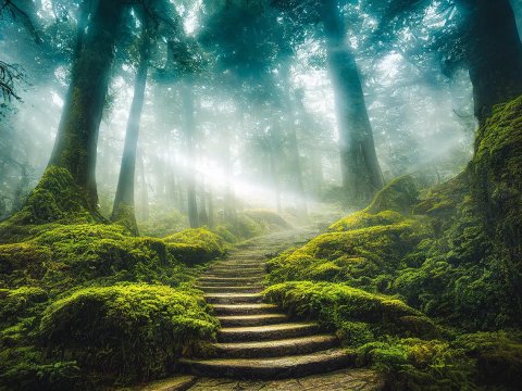 Sunlit Forest Path with Moss-Covered Stairs