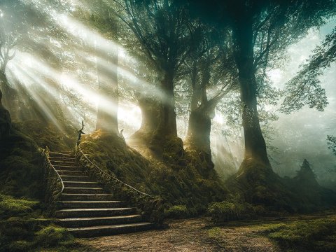 Sunlit Forest Staircase Amidst Ancient Trees