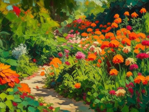 Sunlit Garden Path with Vibrant Flowers