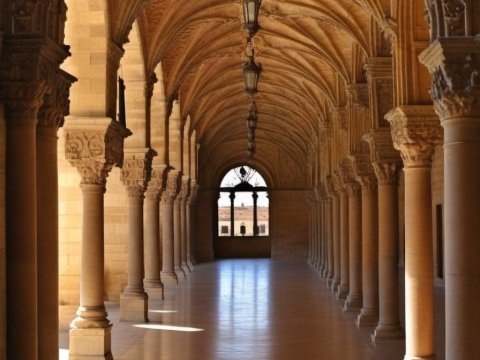 Sunlit Gothic Cloister with Ornate Columns and Vaulted Ceiling