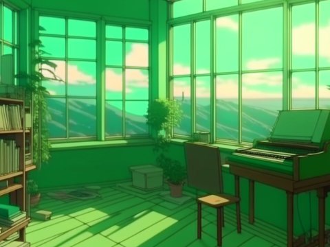 Sunlit Green Academia Room with Piano and Bookshelves