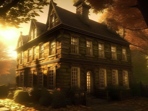 Sunlit Historic Stone House in Autumn Evening