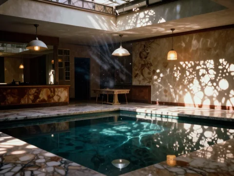 Sunlit Indoor Pool with Artistic Shadow Patterns