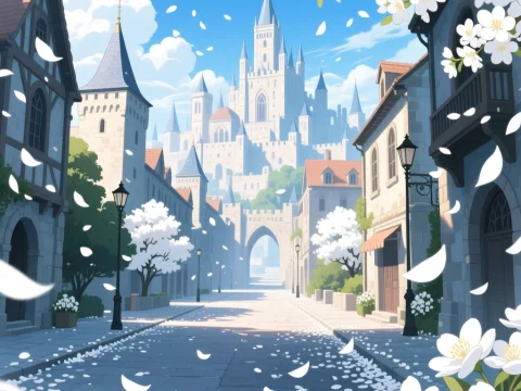 Sunlit Medieval City Street with Blossoming Trees