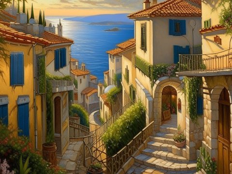 Sunlit Mediterranean Coastal Village Street