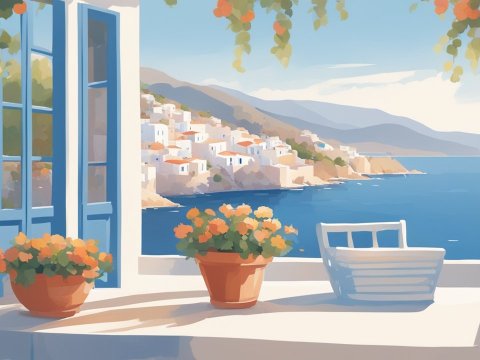 Sunlit Mediterranean Terrace Overlooking Coastal Village