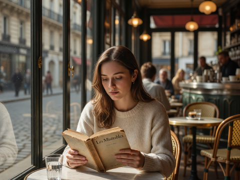 Sunlit Moment Reading Les Misérables in Parisian Café