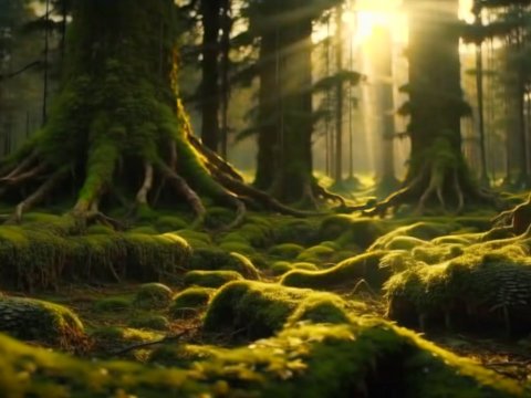 Sunlit Mossy Forest Floor with Ancient Tree Roots