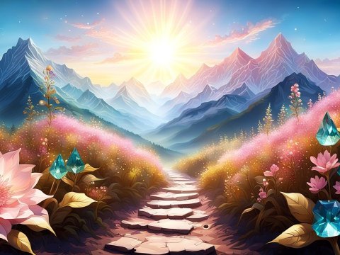 Sunlit Mountain Path Through Magical Floral Valley