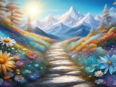 Sunlit Mountain Path Through Vibrant Flower Fields