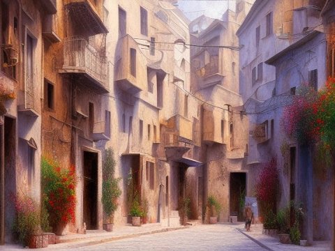 Sunlit Narrow Street with Flowering Plants in Historic Town