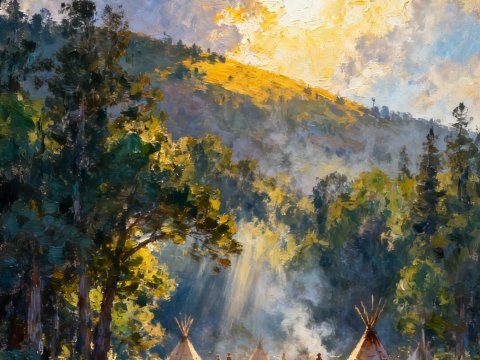 Sunlit Native American Village in a Mountain Meadow