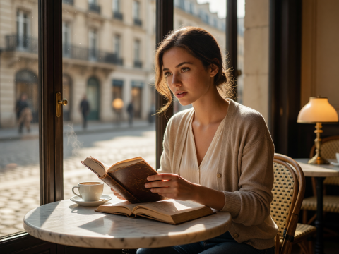Sunlit Parisian Café Moment with Woman Reading