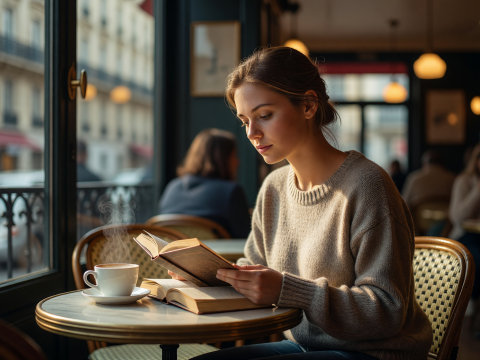 Sunlit Parisian Cafe Bookworm Reading