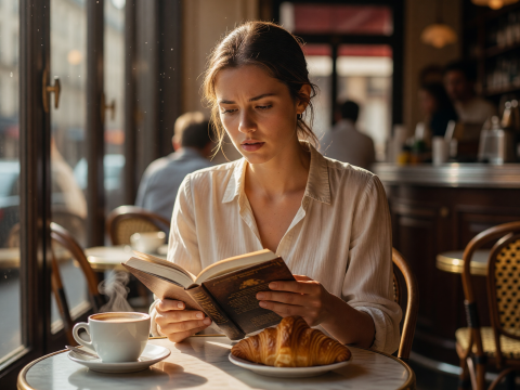 Sunlit Parisian Cafe Moment with Book and Croissant