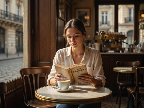 Sunlit Parisian Cafe Woman Reading Les Misérables