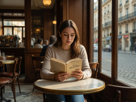 Sunlit Parisian Woman Reading Les Misérables in Cozy Café