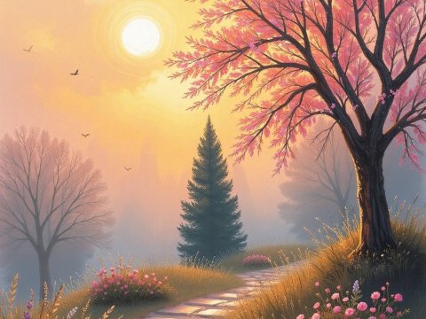 Sunlit Pathway Through a Serene Blossom Garden