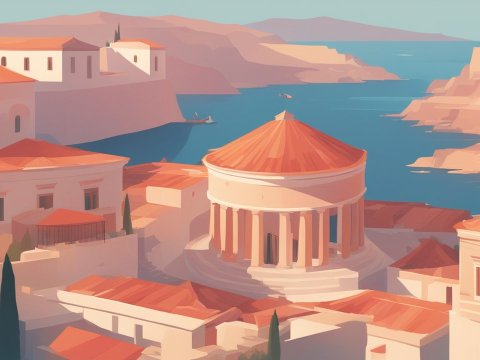 Sunlit Peloponnesian Coastal Town with Classical Architecture
