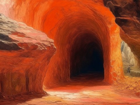 Sunlit Rocky Cave Entrance with Deep Shadows