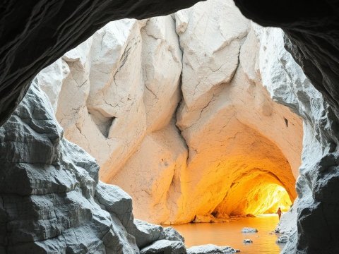 Sunlit Rocky Cave with Water Pool