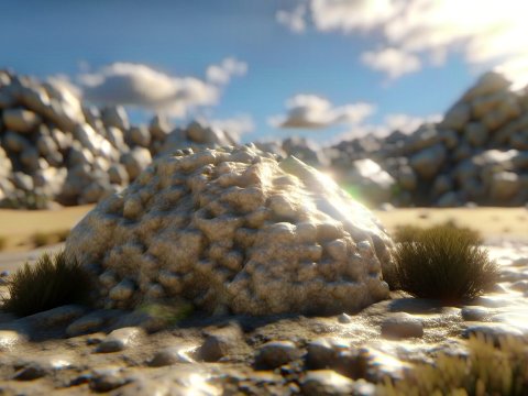 Sunlit Rocky Desert Landscape with Sparse Vegetation