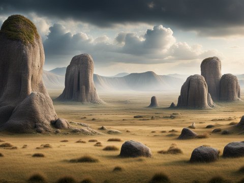 Sunlit Rocky Formations in a Vast Desert Landscape