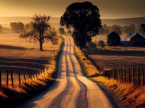 Sunlit Rural Road Through Farm Fields at Sunset