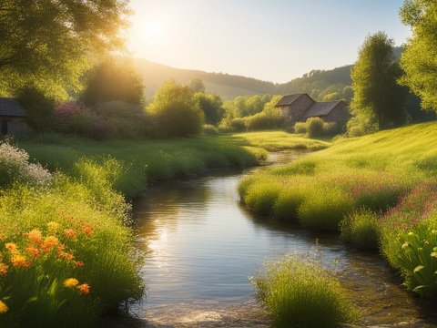 Sunlit Rural Stream with Wildflowers and Rolling Hills