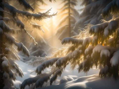 Sunlit Snow-Covered Fir Trees in Winter Forest