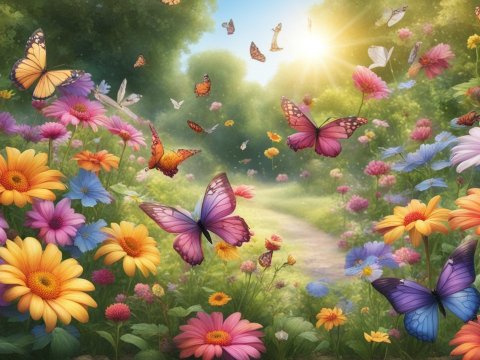 Sunlit Summer Garden with Colorful Butterflies