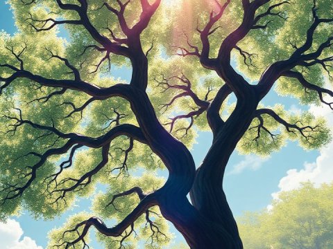 Sunlit Tree in Ghibli Style on a Sunny Hill