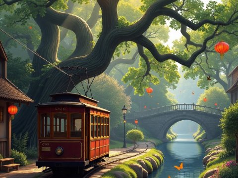 Sunlit Trolley by a Serene Canal with Blossoming Trees