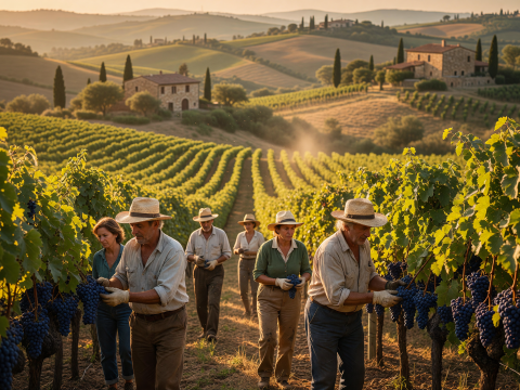 Sunlit Tuscan Vineyard Harvest with Workers Picking Grapes