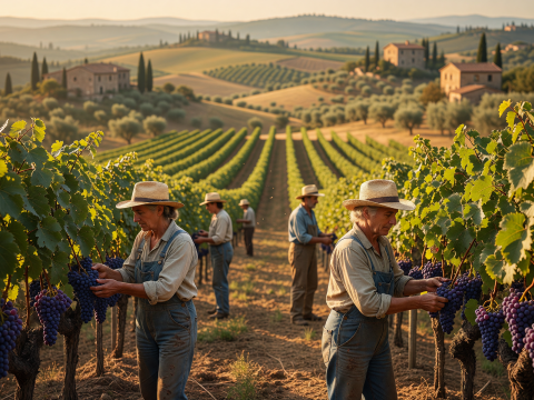 Sunlit Tuscan Vineyard Harvest with Workers Picking Grapes