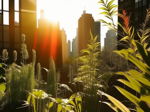 Sunlit Urban Garden with City Skyline