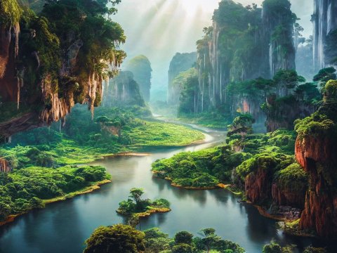 Sunlit Valley with Lush Greenery and Serene River