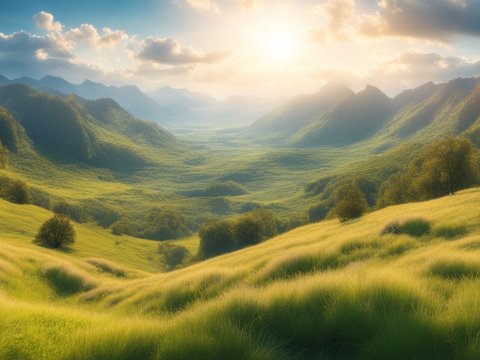 Sunlit Valley with Rolling Green Hills and Distant Mountains
