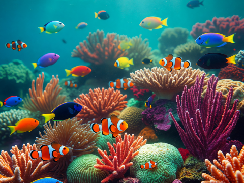 Sunlit Vibrant Coral Reef with Colorful Tropical Fish